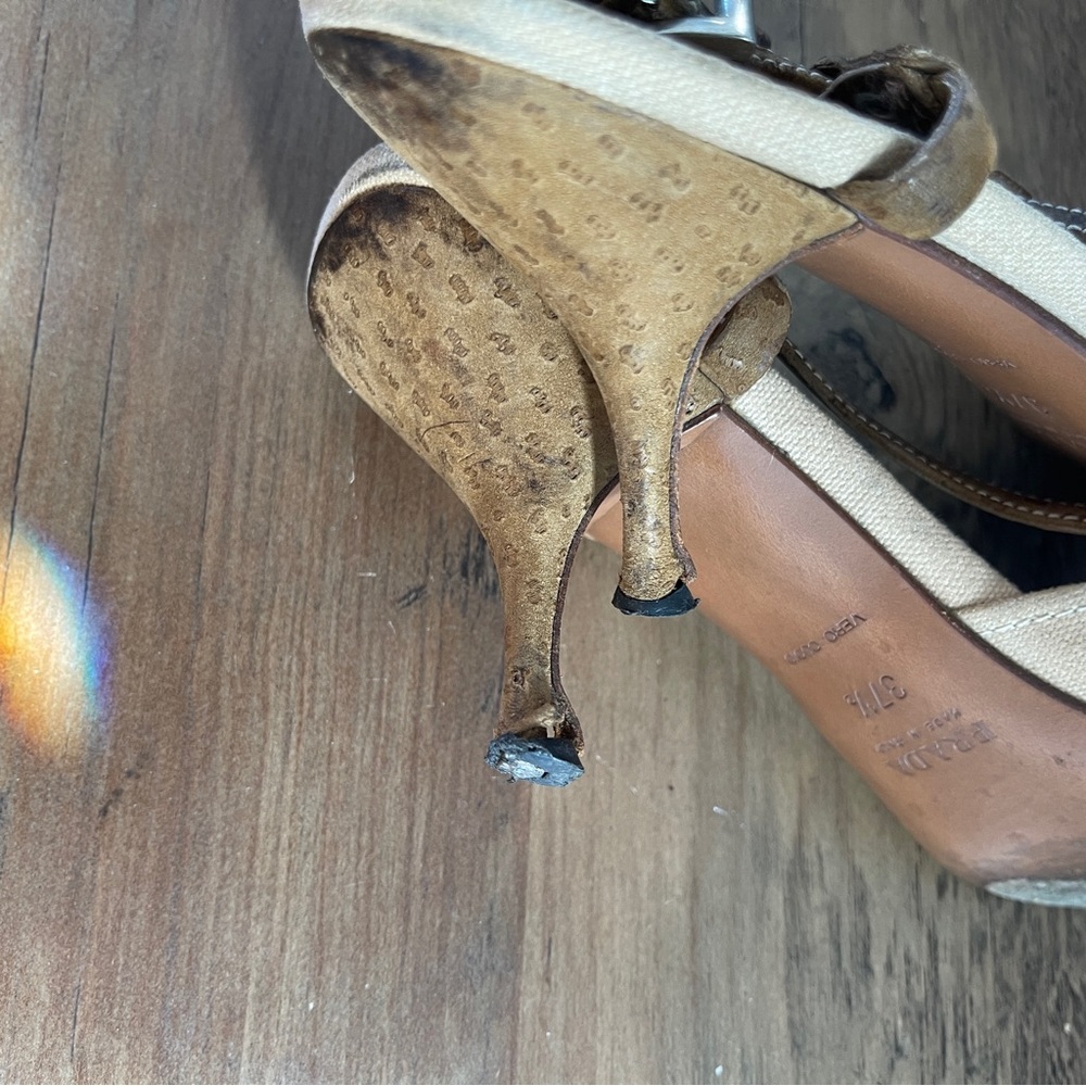 Prada Canvas & Suede Buckle Slingback Mules Heel Pumps shoes size 37.5 - Picture 6 of 11